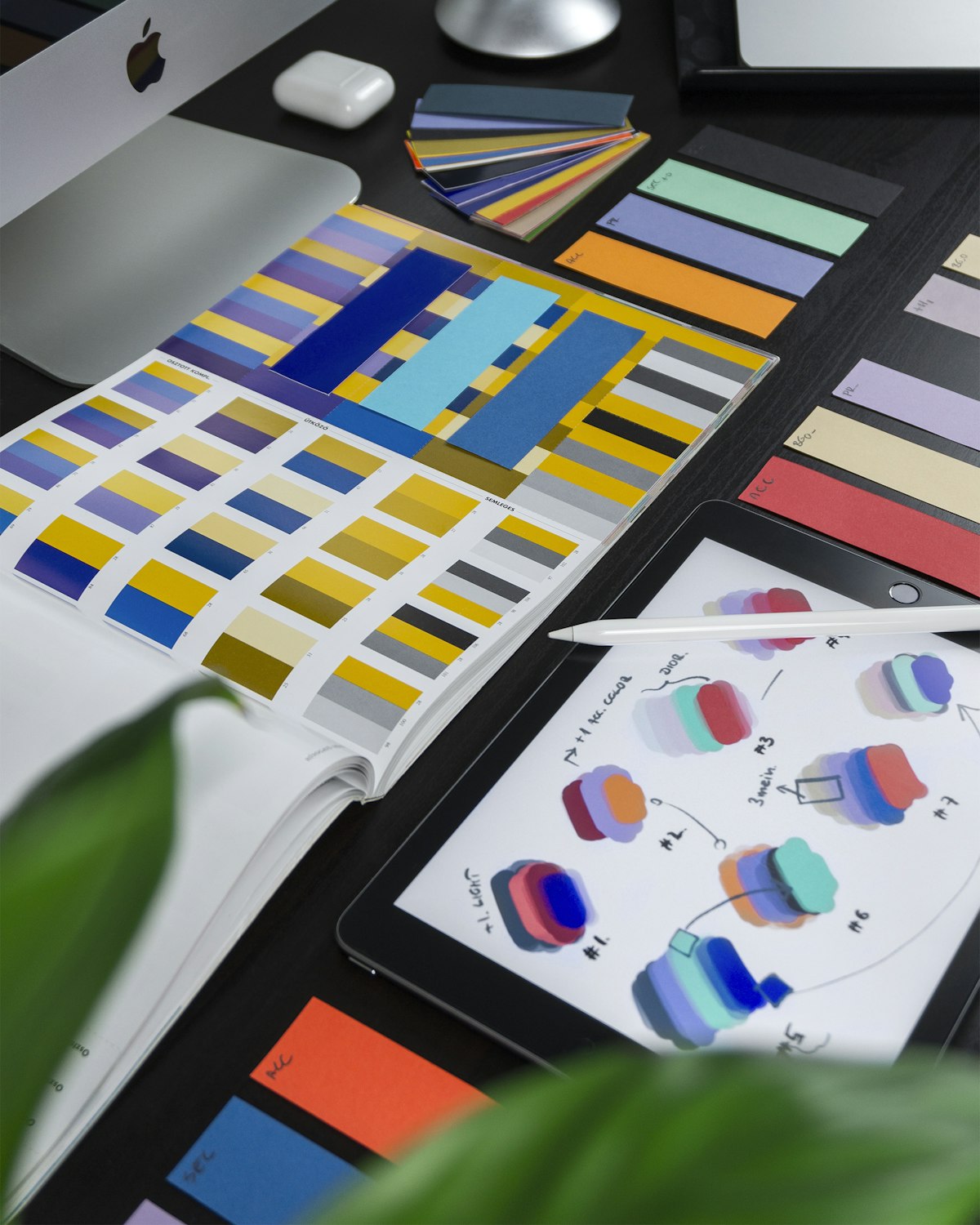 Brand identity materials including logo concepts and colour palettes
